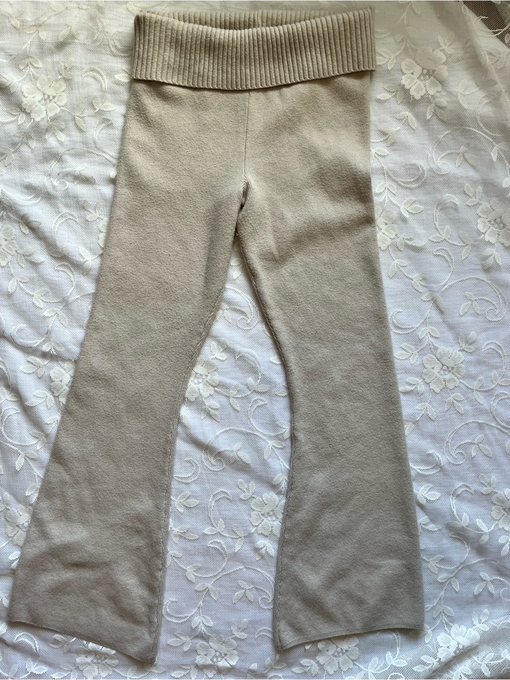 Beige fold over knit lounge pants